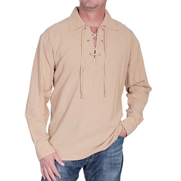 Scully CM8 Men's Lace-up Pullover Shirt Size M Sand Generous Fit Cotton Gauze - Picture 1 of 8
